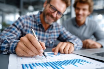 Business professionals discussing data analysis in a modern office setting during daytime