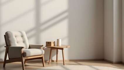 Cozy armchair and table in a room with sunlight and shadows