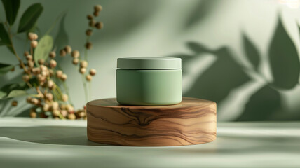 Minimalist skincare product in a green-themed environment with shadows of leaves and warm natural sunlight.