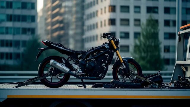 Damaged black motorcycle on a flatbed tow truck with city buildings in background, post-accident vehicle recovery footage.