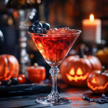 red cocktail in a triangular glass stands on a table, pumpkins and candles in the background