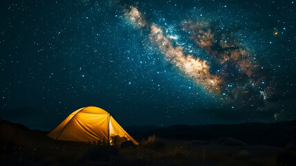 Bright orange tent glowing in starlit landscape, perfect for conveying themes of outdoor freedom and night-time exploration.