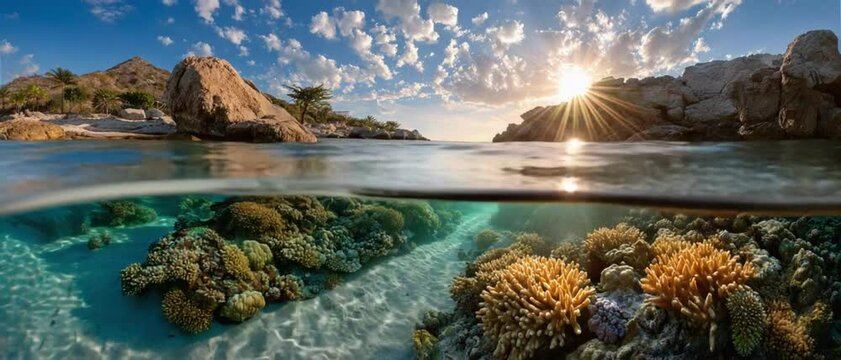 Underwater Paradise: A breathtaking split-level view showcasing a vibrant coral reef teeming with life beneath crystal-clear turquoise waters, while above, the sun sets over rocky shores.