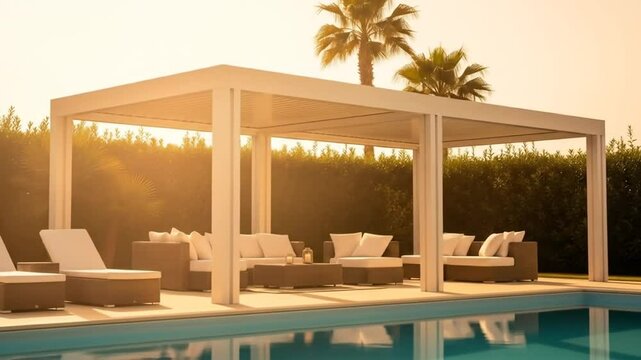 Relaxing outdoor poolside lounge area with modern pergola and sunset lighting ambiance