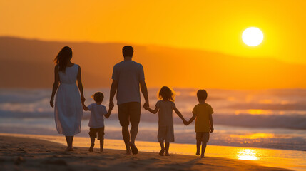 Happy family enjoying a sunset walk on the beach