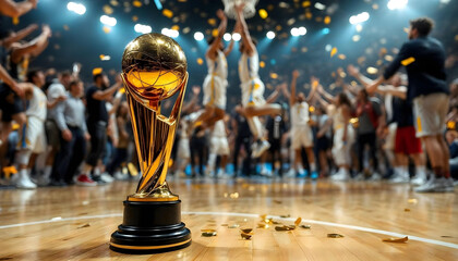 Golden basketball trophy glows on polished court with celebrating team and falling confetti.