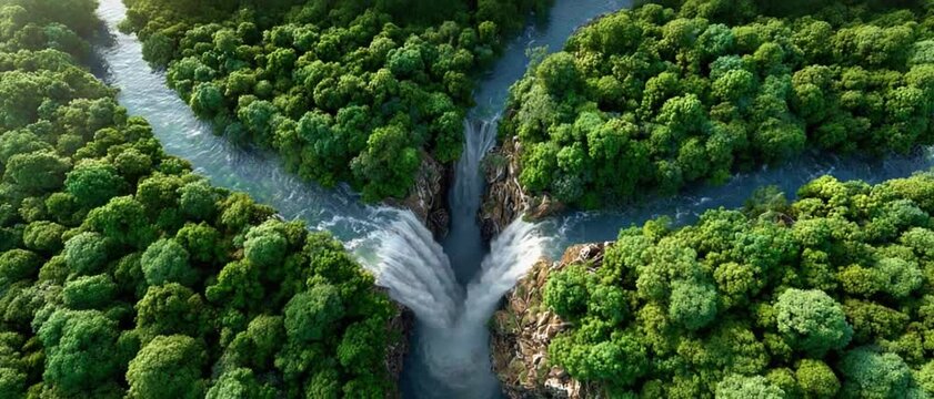 Natural Wonders: An aerial perspective showcases the awe-inspiring meeting point of two river ways, creating a beautiful waterfall. Captured in perfect focus