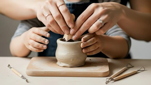 Adult and child hands collaboratively shape a clay pot using a wooden pottery tool.