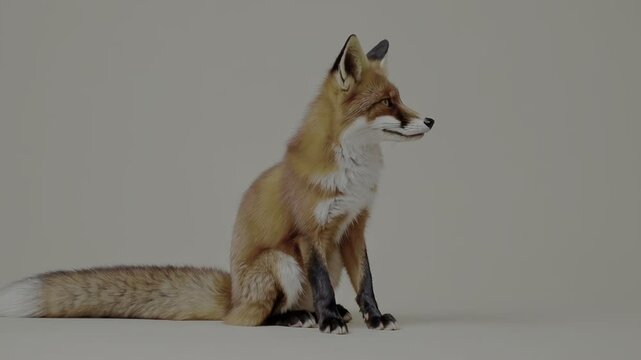A beautiful red fox sits gracefully, gazing to the right with a fluffy tail and striking dark legs against a muted backdrop