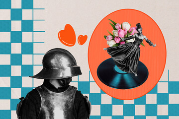 Creative design composite trend artwork collage of young man knight armor helmet woman smile dance...