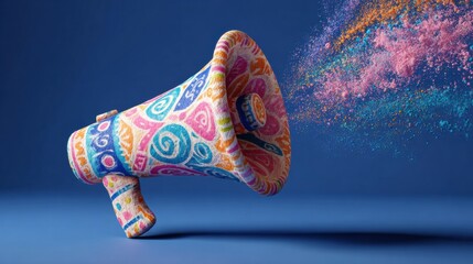 Colorful Megaphone Releases Vibrant Messages in a Creative Clay Style Design Against a Blue Background