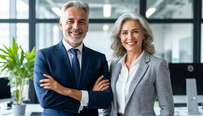 Business partners, man and woman, in the office. Business relations.
