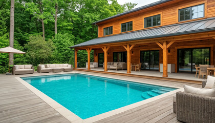 Luxurious wooden cottage with a terrace and an outdoor pool in the yard.