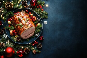 Festive Christmas Roast: Top View of Pork Neck Surrounded by Holiday Accents on Dark Navy Blue Background
