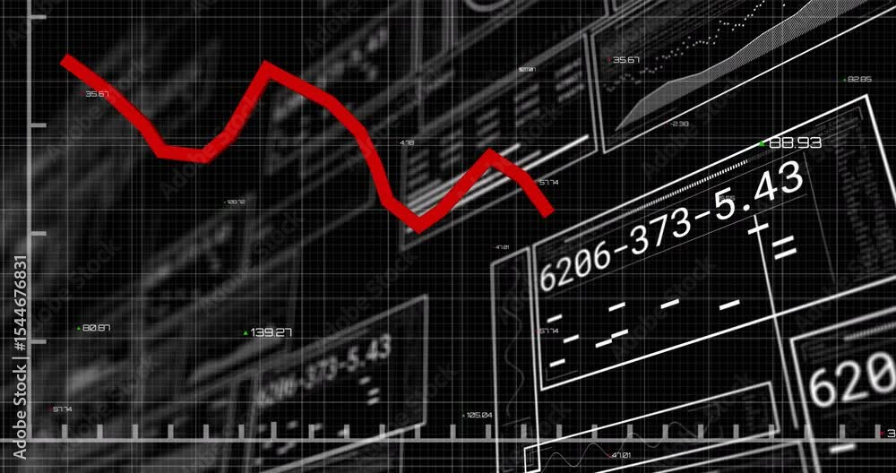 Poster short red line appearing top left initiating data trend tracing across grid showing sliding panels