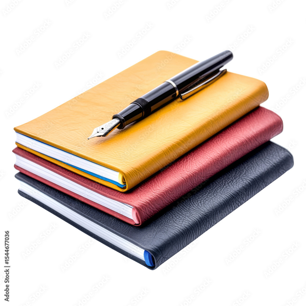 Poster stack of colorful notebooks with fountain pen on top, perfect for writing and note taking. vibrant c
