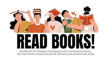 Illustration promoting reading with diverse people enjoying books. Emphasizes intelligence, vocabulary growth, personal development, resilience, and emotional well-being through reading.