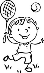 Line art illustration of child playing tennis. Outline cartoon kid activities clipart