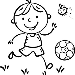 Little boy playing with soccer ball on grass in park. Outline cartoon illustration