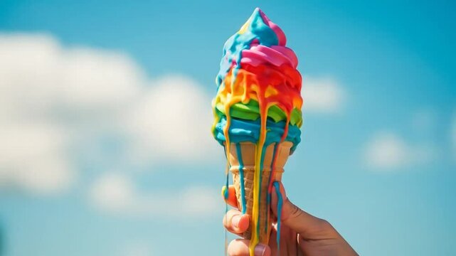 Melting rainbow ice cream cone on a sunny day with blue sky and clouds in the background - Powered by Adobe