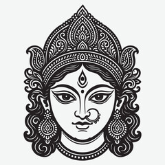 Intricate black and white illustration of the hindu goddess durga face artwork