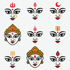 Collection of stylized illustrations of the goddess durga's face with various decorations