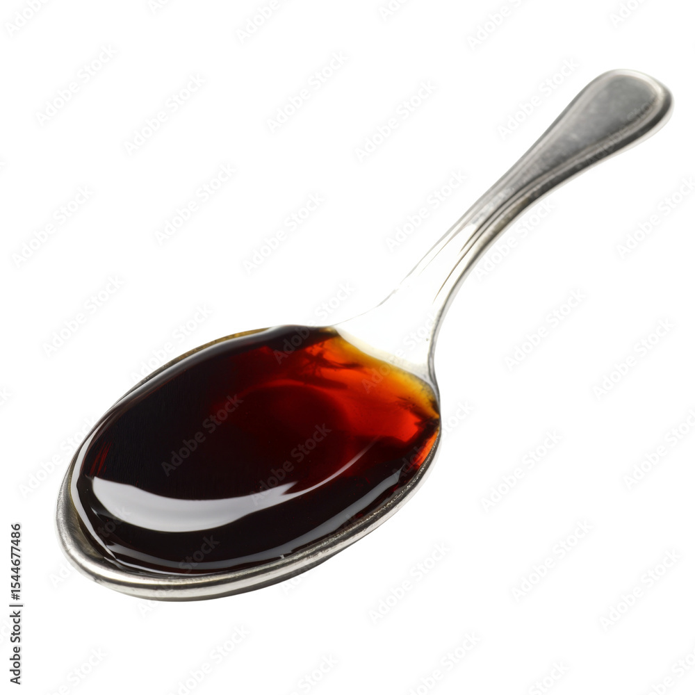 Poster silver spoon filled with dark syrup, showcasing its glossy texture and rich color. image captures es