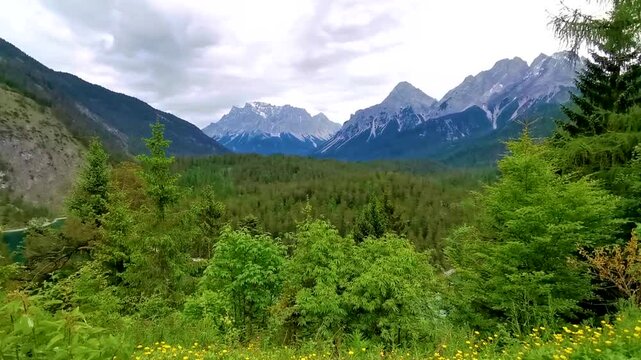 Panoramic view Zugspitze mountain alpine landscape in Alps Tyrol Austria.