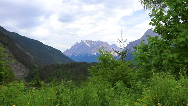 Panoramic view Zugspitze mountain alpine landscape in Alps Tyrol Austria.