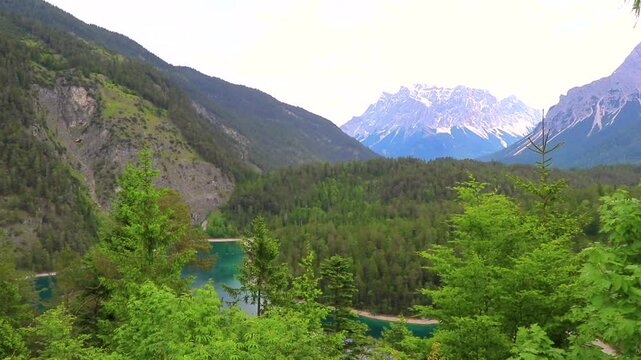 Panoramic view Zugspitze mountain alpine landscape in Alps Tyrol Austria.
