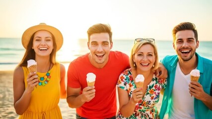 Group of young friends enjoying ice cream together on a sunny beach day - Powered by Adobe