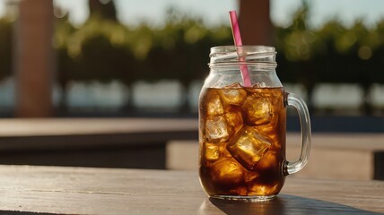 Iced tea in a mason jar with a pink straw sitting on a wooden table outdoors in the sunlight
