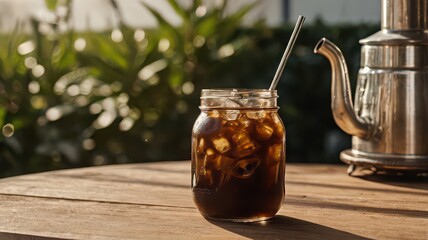 Iced coffee in a glass jar with a metal straw and a kettle on a wooden table outdoors on a sunny day