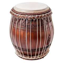 Traditional wooden drum with intricate carvings and taut skin top, perfect for music and cultural performances