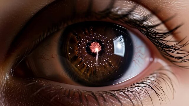 Close-up of a human eye reflecting colorful fireworks exploding during a festive celebration.
