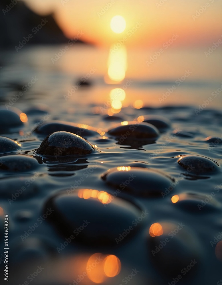Poster gentle waves lap against smooth stones as the early sun rises, casting warm glimmers on the water an