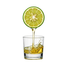 Lime juice pouring into a glass on white background