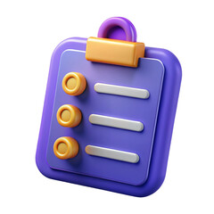 3D Render of Purple Checklist Clipboard with Orange Buttons and White Lines