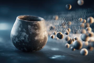 Ceramic ink pot with textured surface beside floating binary particles and digital spheres, blending traditional craftsmanship with futuristic technology in moody atmosphere