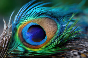 Obraz premium Peacock feather showcasing vibrant colors and intricate patterns in natural setting