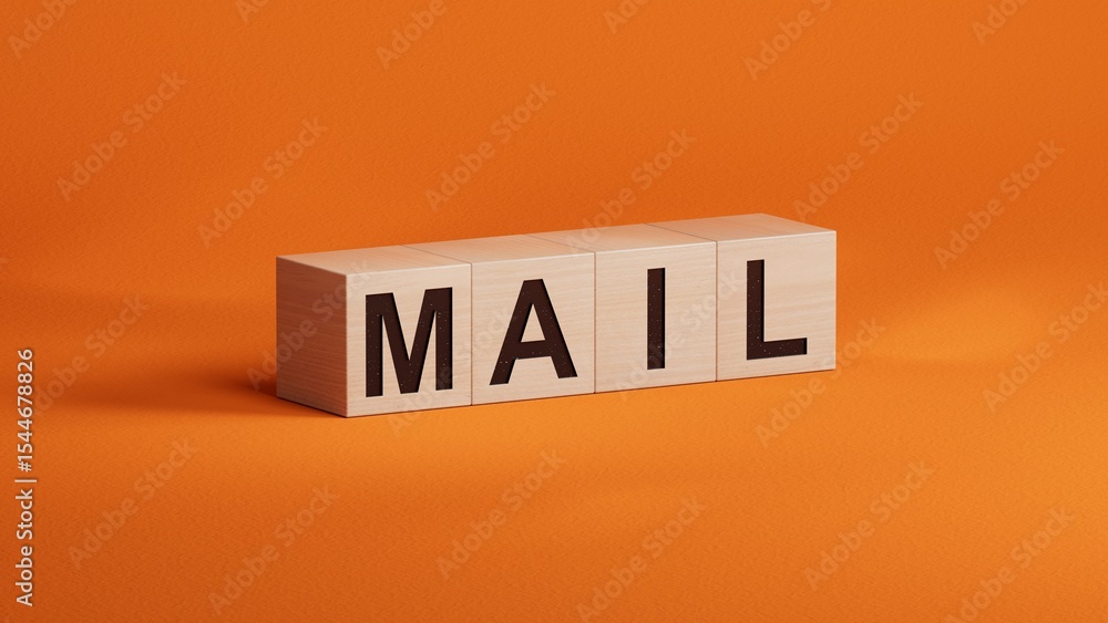 Poster mail.wooden cubes spelling.flat lay view from above on wooden cubes buttons.it technology concept.3d