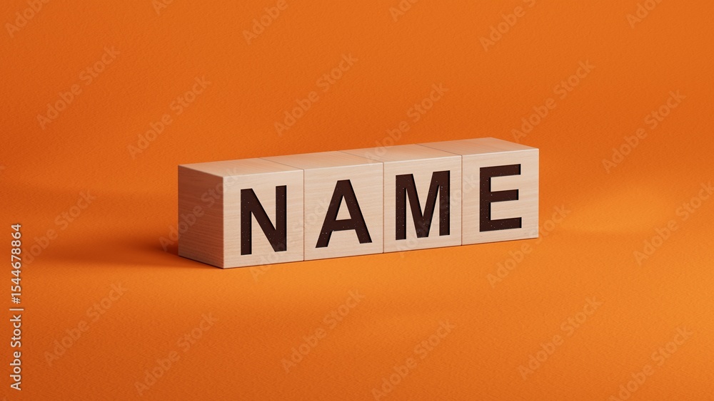 Poster concept word name on wooden cubes.close up of wooden cubes,business concept.3d rendering on orange b