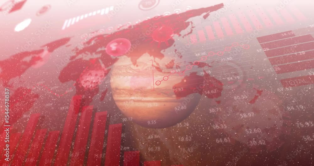 Poster floating sphere appearing causing map fading, bars rising, line graph emerging visualizing data