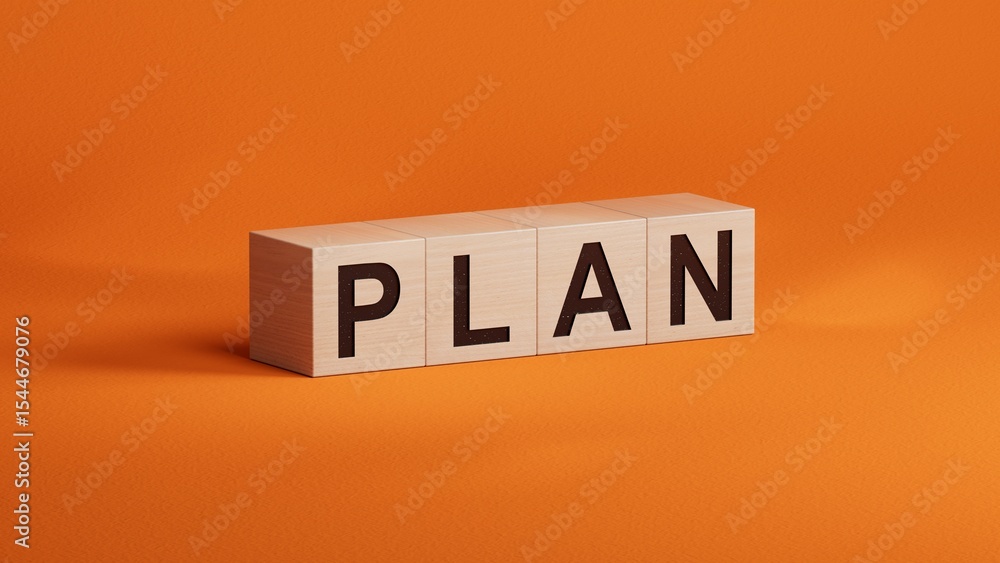 Poster plan. wooden cubes spelling.flat lay view from above on wooden cubes buttons.it technology concept.3