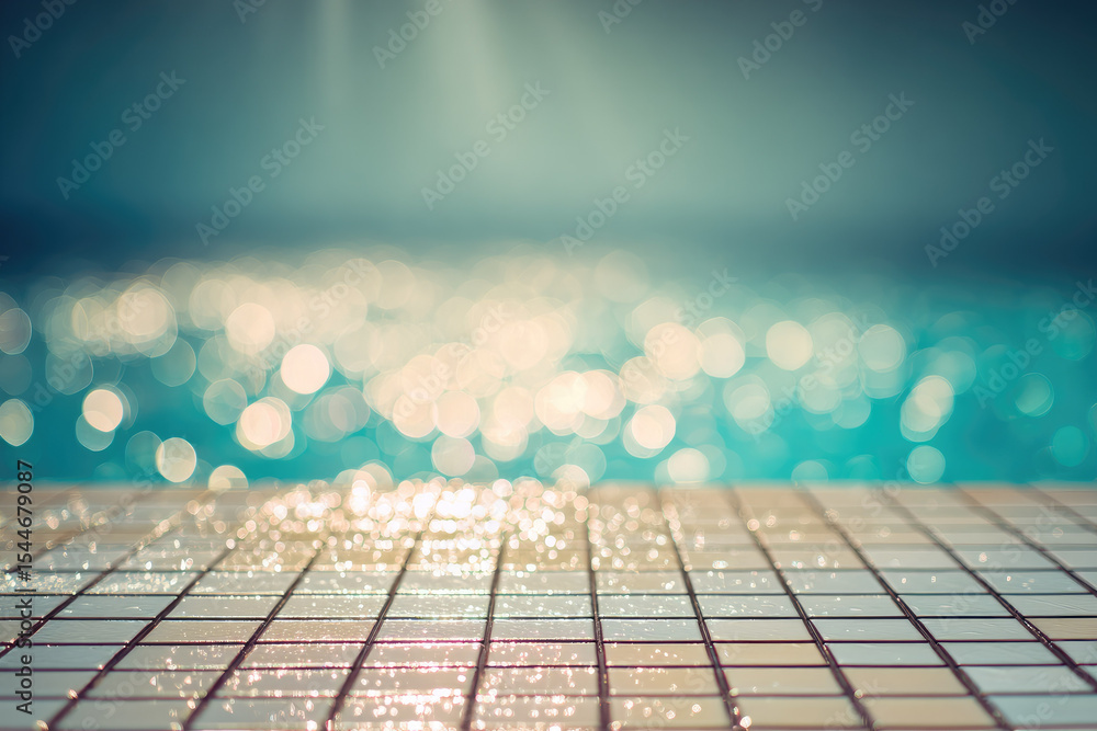 Poster shimmering light reflects on swimming pool tiles with soft bokeh effect, creating tranquil summer at