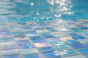 Shimmering blue swimming pool tiles reflect sunlight, creating tranquil and refreshing summer atmosphere with sparkling water and gentle ripples in close up view