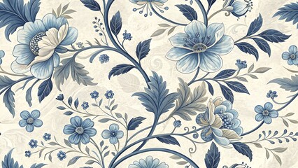 Elegant Blue and Beige Floral Pattern Seamless Textile Design