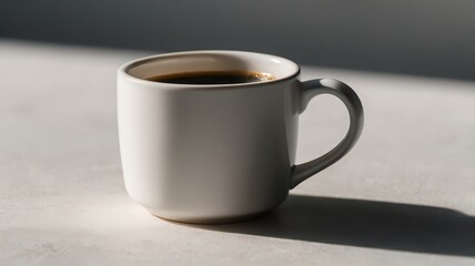 A white mug filled with dark coffee sits on a white surface casting a shadow from a light source