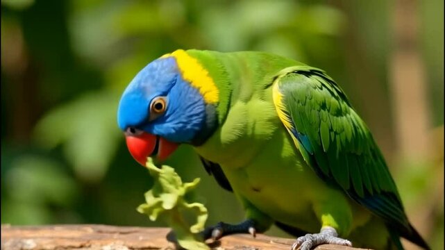 A vibrant green parrot with a bright blue head and yellow accents is nibbling on a leafy snack.