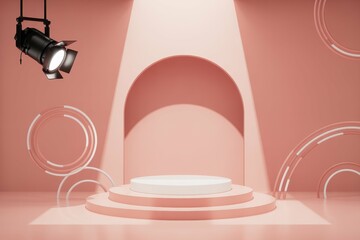 White podium on pink stage with product spotlight, abstract scene on wall and floor